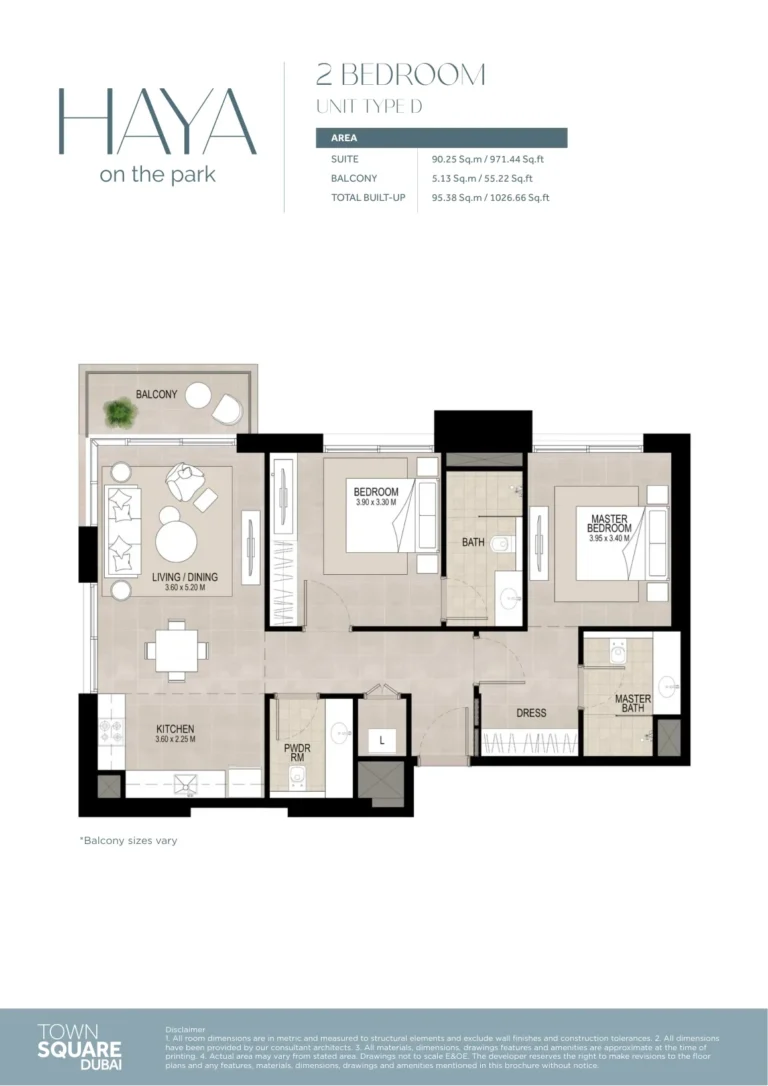 Haya On The Park floor plan 2 BR · 1026 sqft
