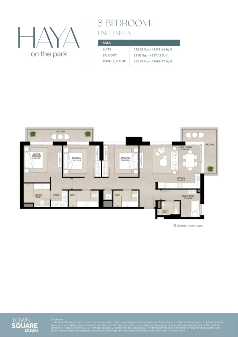 Haya On The Park floor plan 3 BR · 1669 sqft