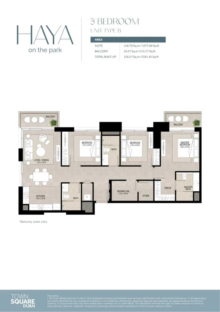 Haya On The Park floor plan 3 BR · 1391 sqft
