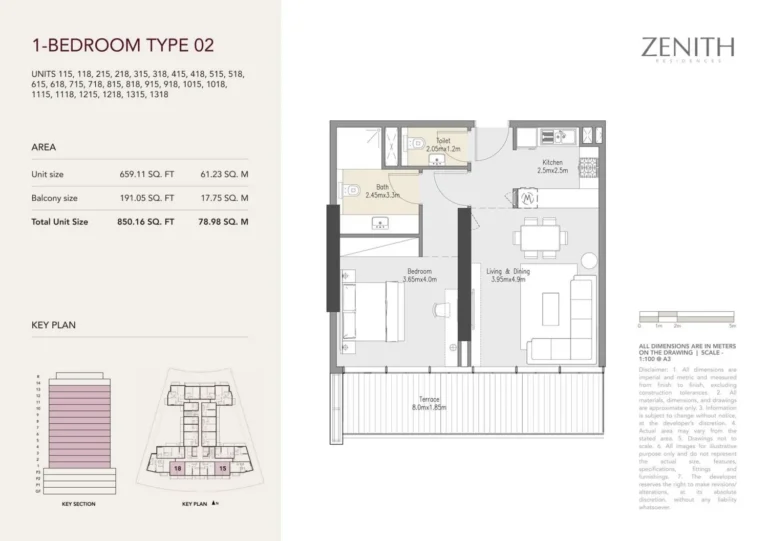 Zenith Residences floor plan 1 BR · 850 sqft