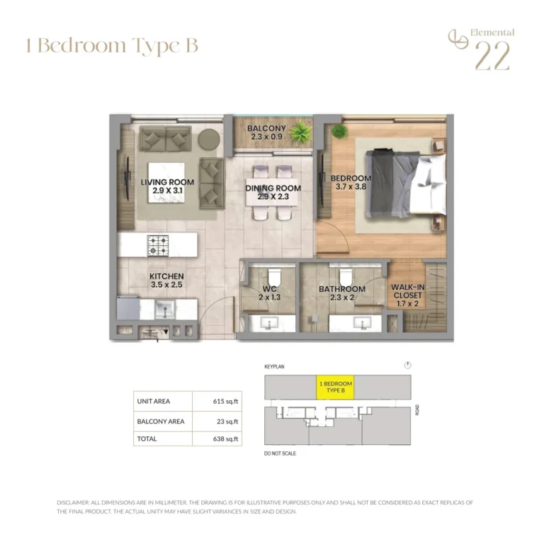 Elemental 22 floor plan 1-спальн. · 638 sqft