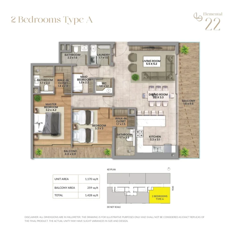 Elemental 22 floor plan 2-спальн. · 1428 sqft