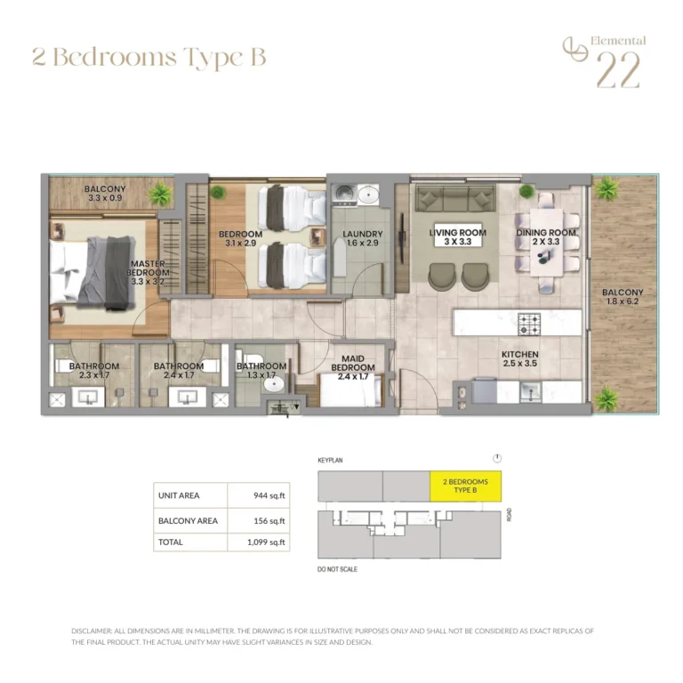 Elemental 22 floor plan 2-спальн. · 1099 sqft