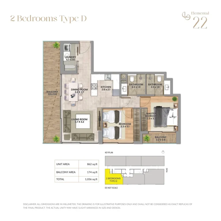Elemental 22 floor plan 2-спальн. · 1036 sqft