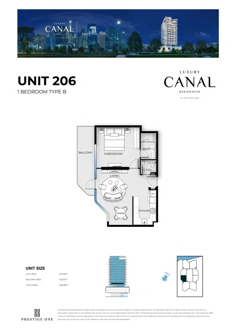 Luxury Canal Residences floor plan 1-спальн. · 809 sqft