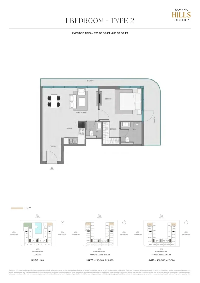 Samana Hills South 3 floor plan 1-спальн. · 785 кв. фут