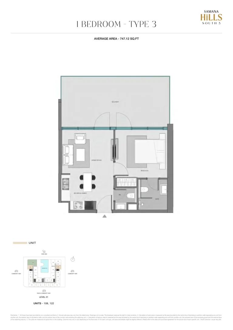 Samana Hills South 3 floor plan 1-спальн. · 747 кв. фут