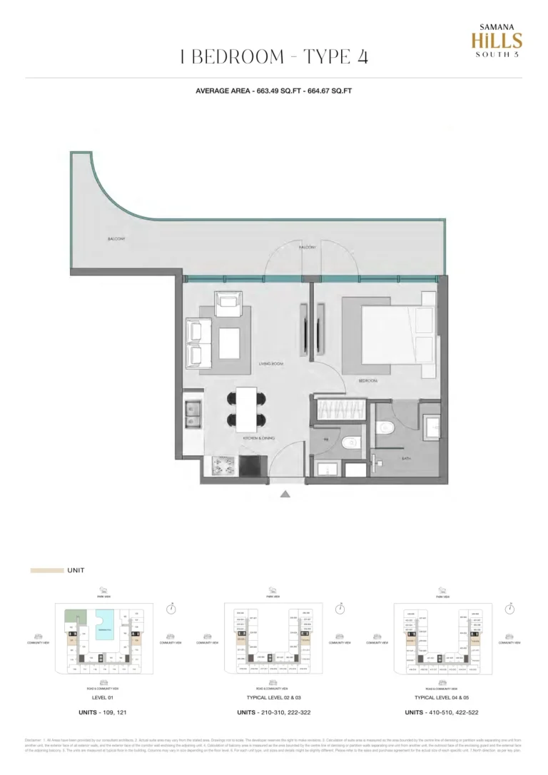 Samana Hills South 3 floor plan 1-спальн. · 663 кв. фут