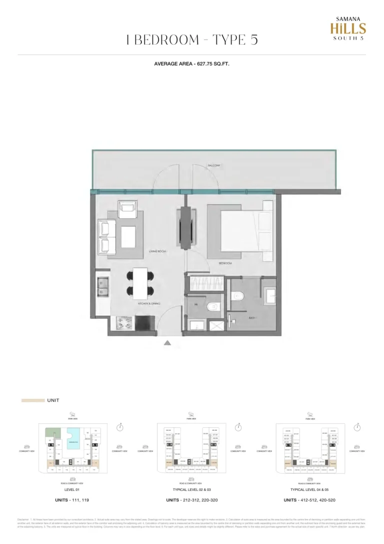 Samana Hills South 3 floor plan 1-спальн. · 627 кв. фут