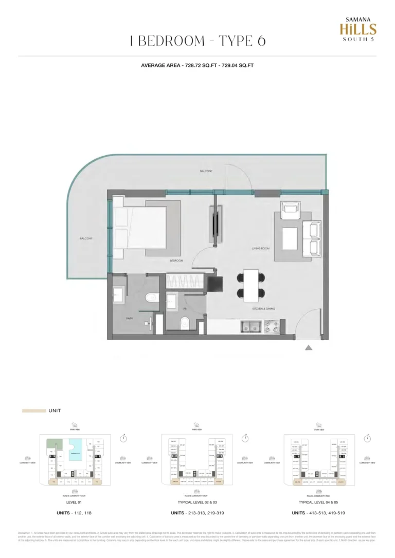 Samana Hills South 3 floor plan 1-спальн. · 728 кв. фут