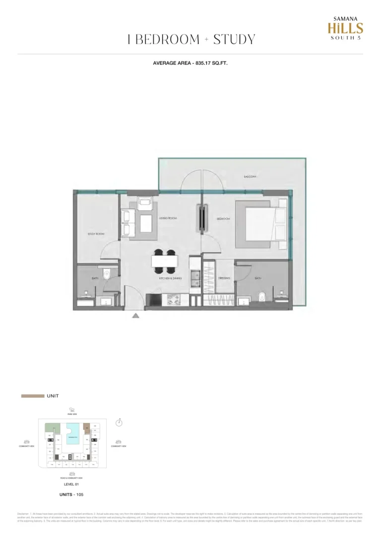 Samana Hills South 3 floor plan 1-спальн. · 835 кв. фут