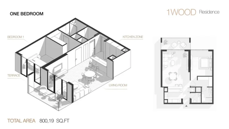 1wood Residence floor plan 1 BR · 800 sqft