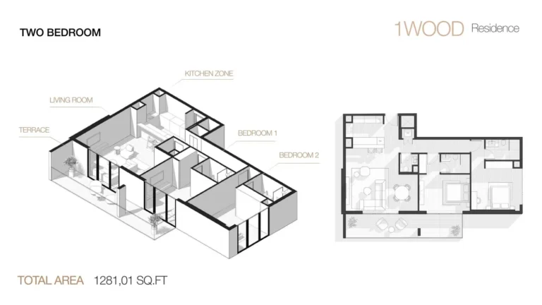 1wood Residence floor plan 2 BR · 1281 sqft