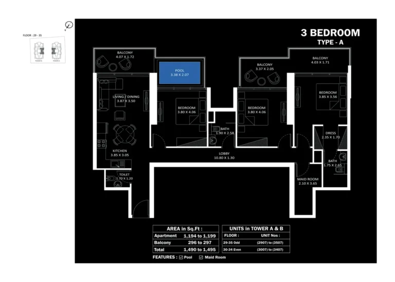 Elitz By Danube floor plan 3 BR · 1490 sqft