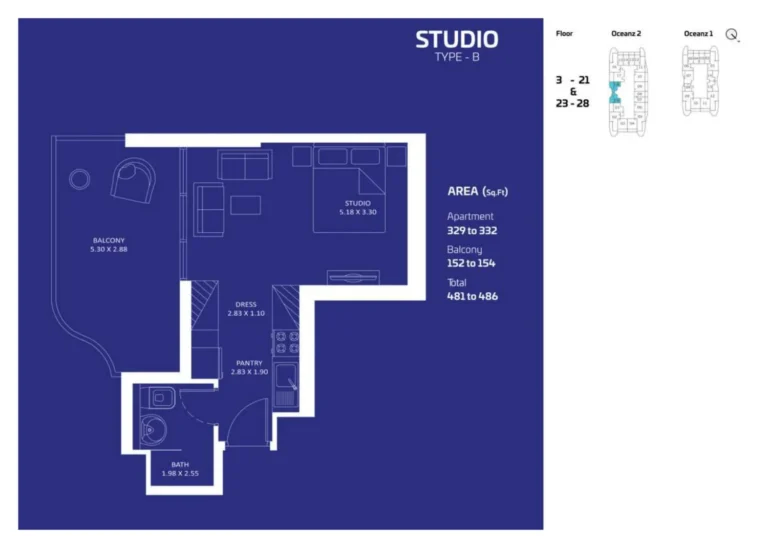 Oceanz 2 By Danube floor plan Studio · 481 sqft