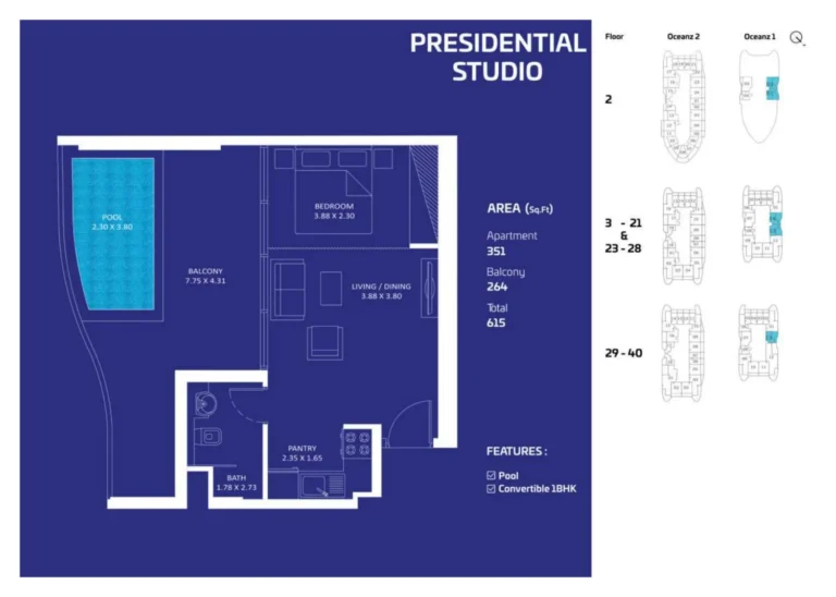 Oceanz 2 By Danube floor plan Studio · 615 sqft