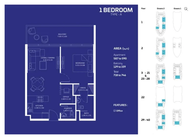 Oceanz 2 By Danube floor plan 1 BR · 728 sqft