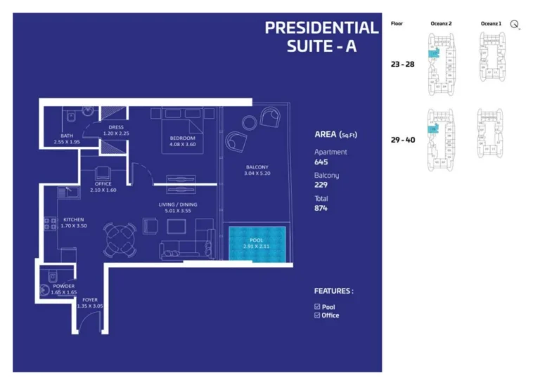 Oceanz 2 By Danube floor plan 1 BR · 874 sqft