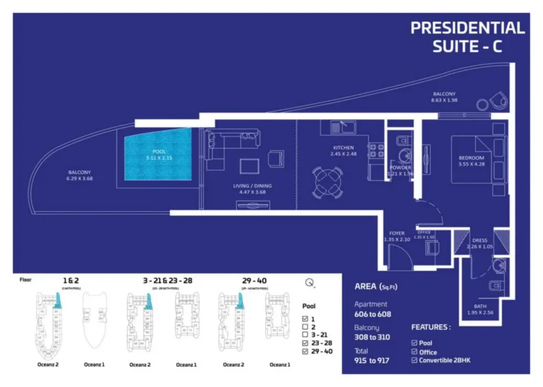 Oceanz 2 By Danube floor plan 1 BR · 915 sqft