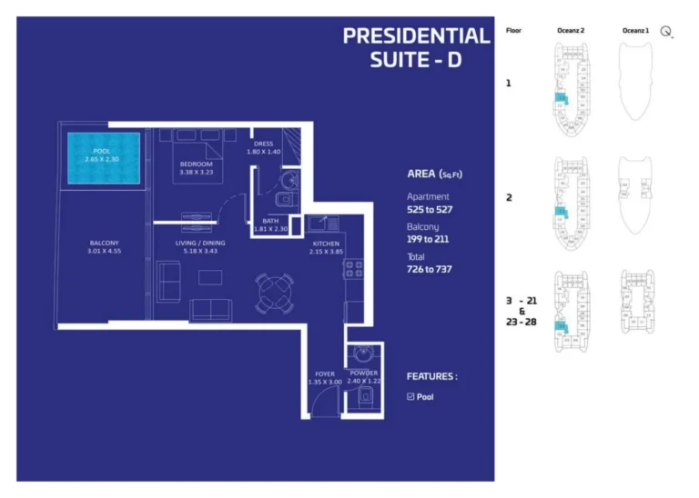Oceanz 2 By Danube floor plan 1 BR · 726 sqft