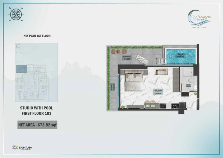 Samana Waves 2 floor plan Studio · 673 sqft