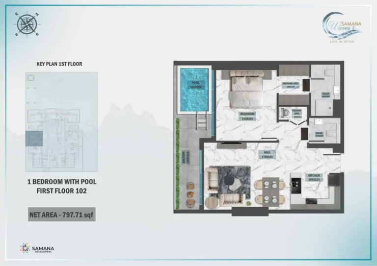 Samana Waves 2 floor plan 1 BR · 797 sqft