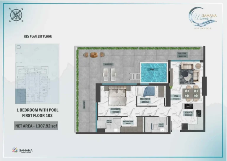 Samana Waves 2 floor plan 1 BR · 1307 sqft