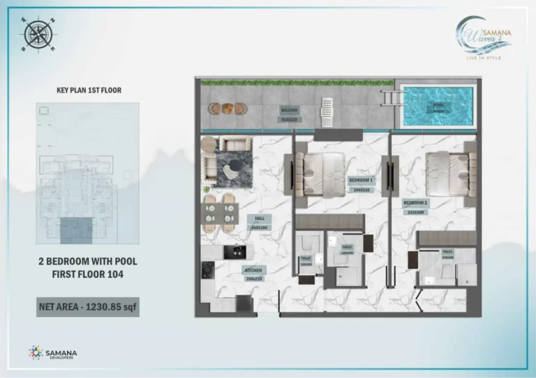 Samana Waves 2 floor plan 2 BR · 1230 sqft