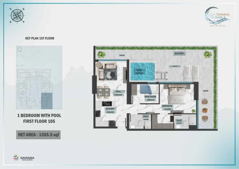 Samana Waves 2 floor plan 1 BR · 1355 sqft