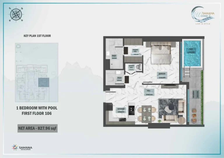 Samana Waves 2 floor plan 1 BR · 827 sqft