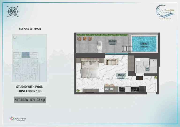 Samana Waves 2 floor plan Studio · 571 sqft