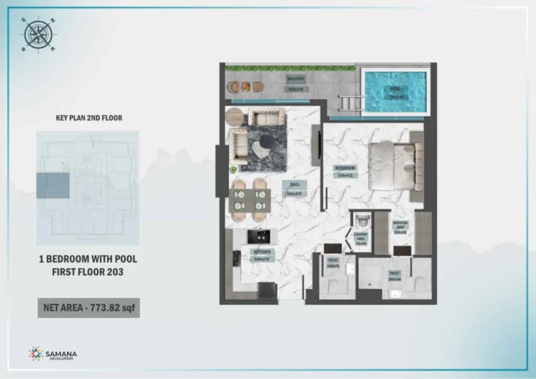 Samana Waves 2 floor plan 1 BR · 773 sqft
