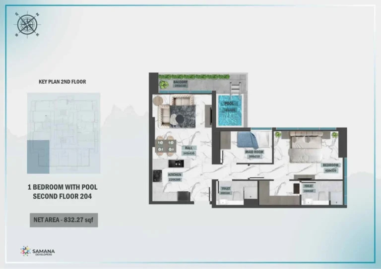 Samana Waves 2 floor plan 1 BR · 832 sqft