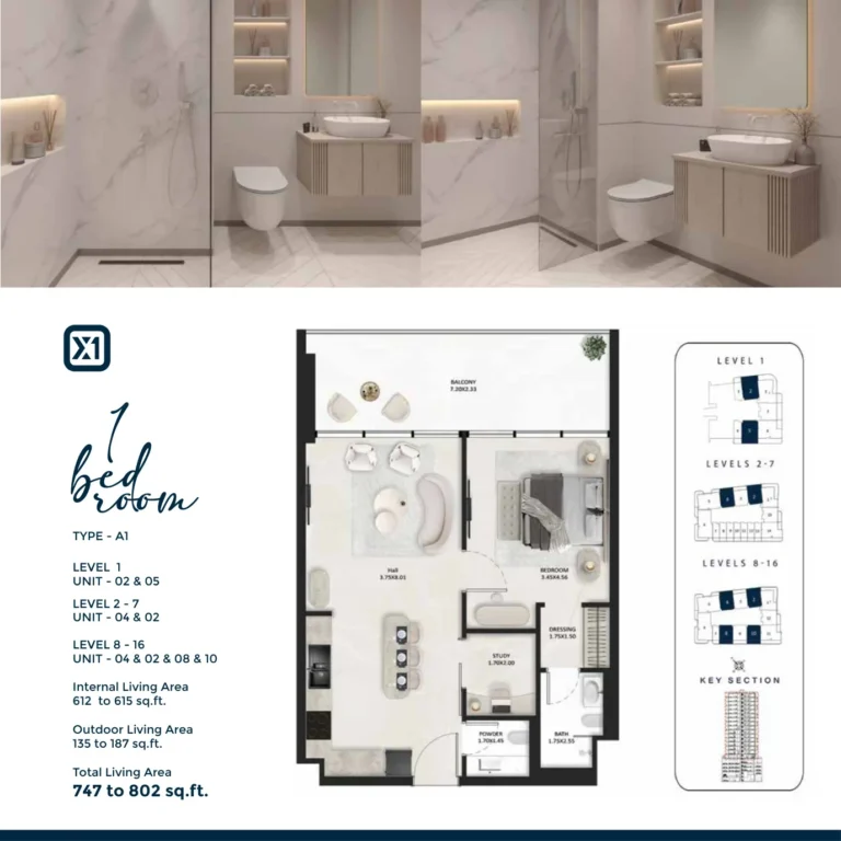 Squarex One floor plan 1-спальн. · 747 sqft