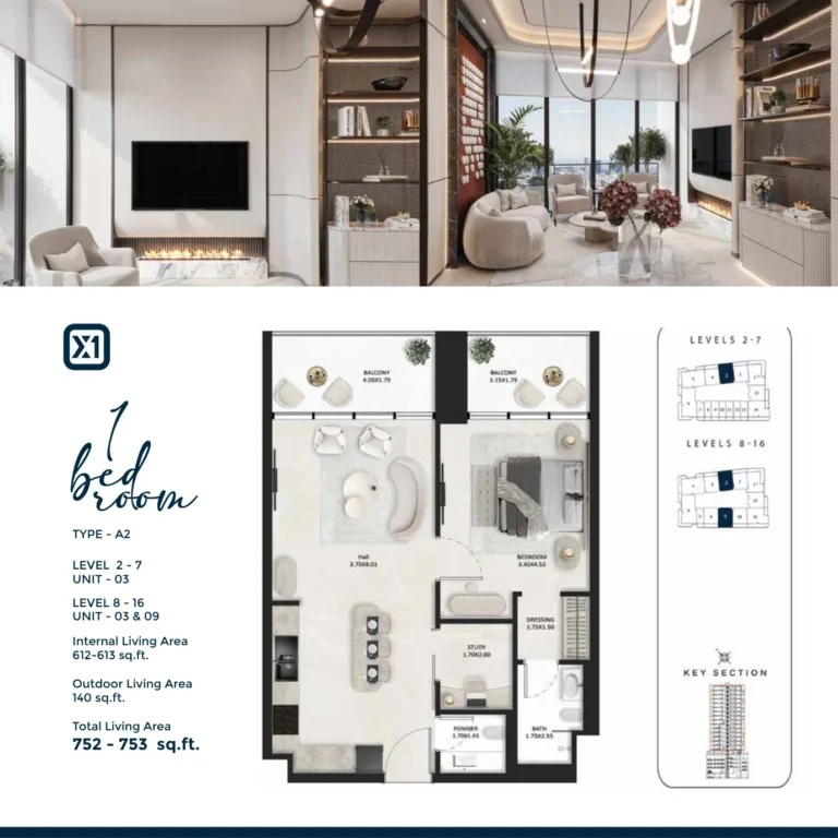 Squarex One floor plan 1-спальн. · 752 sqft
