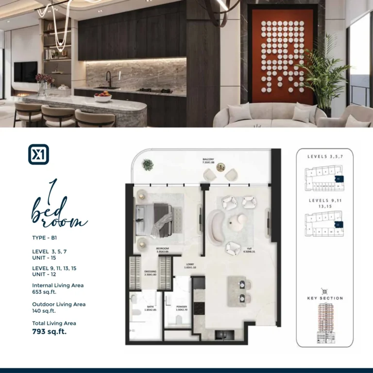 Squarex One floor plan 1-спальн. · 793 sqft