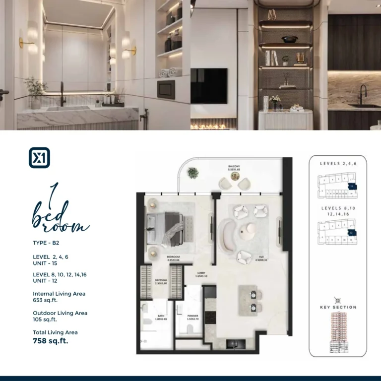Squarex One floor plan 1-спальн. · 758 sqft