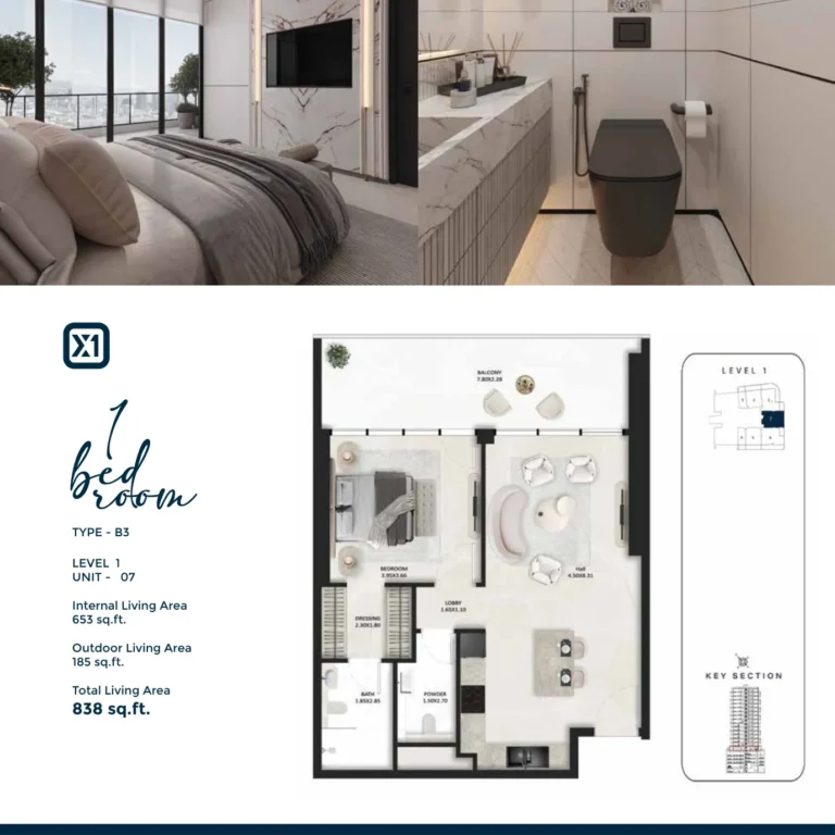 Squarex One floor plan 1-спальн. · 838 sqft
