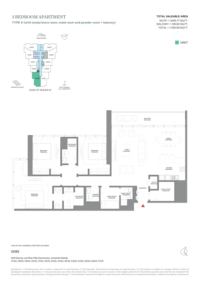 Verde By Sobha floor plan 3-спальн. · 1786 sqft