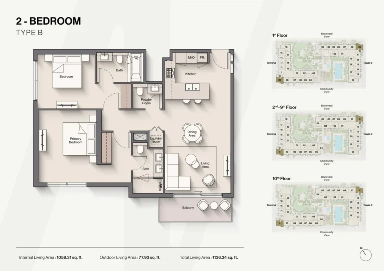 Windsor House floor plan 2-спальн. · 1136 sqft
