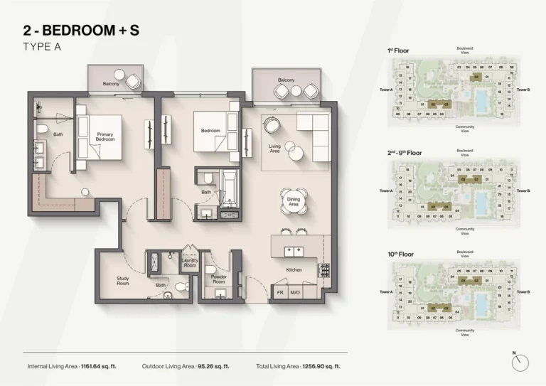 Windsor House floor plan 2-спальн. · 1256 sqft