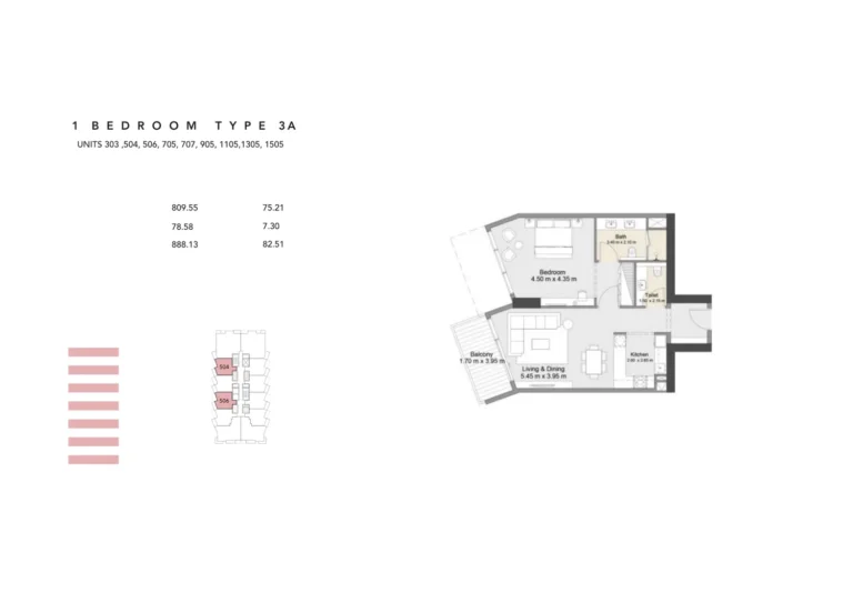 Zura Residences floor plan 1 BR · 888 sqft