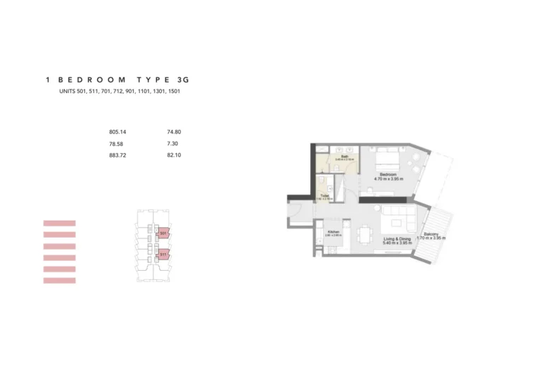 Zura Residences floor plan 1 BR · 883 sqft