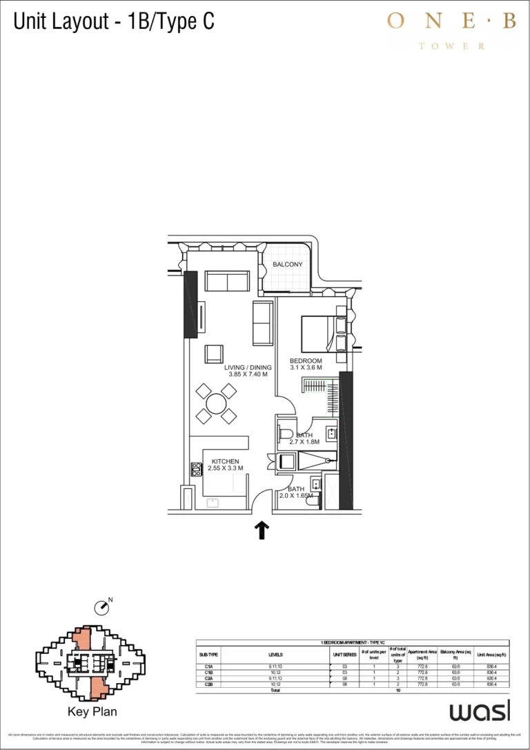 One.B Tower floor plan 1 BR · 836 sqft