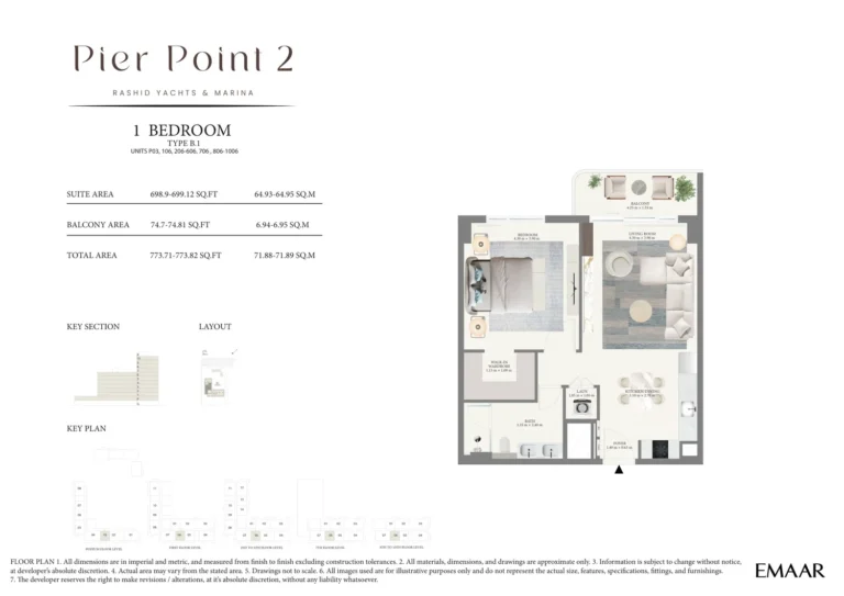 Pier Point 2 floor plan 1 BR · 773 sqft