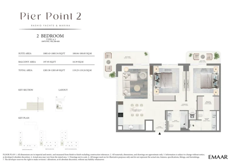 Pier Point 2 floor plan 2 BR · 1283 sqft