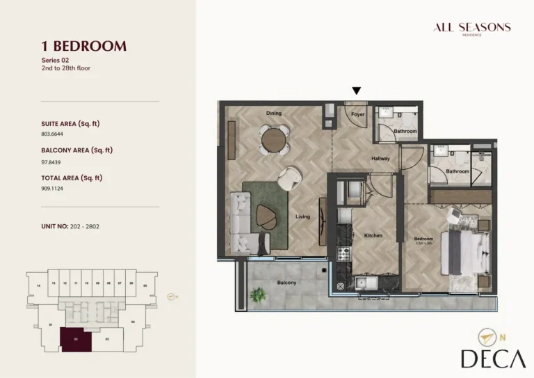 All Seasons Residence floor plan 1-спальн. · 909 кв. фут