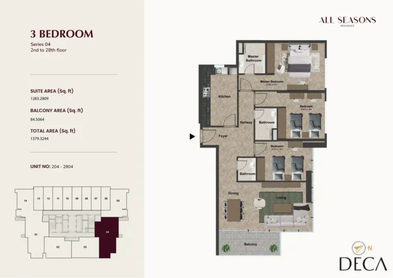 All Seasons Residence floor plan 3-спальн. · 1379 кв. фут