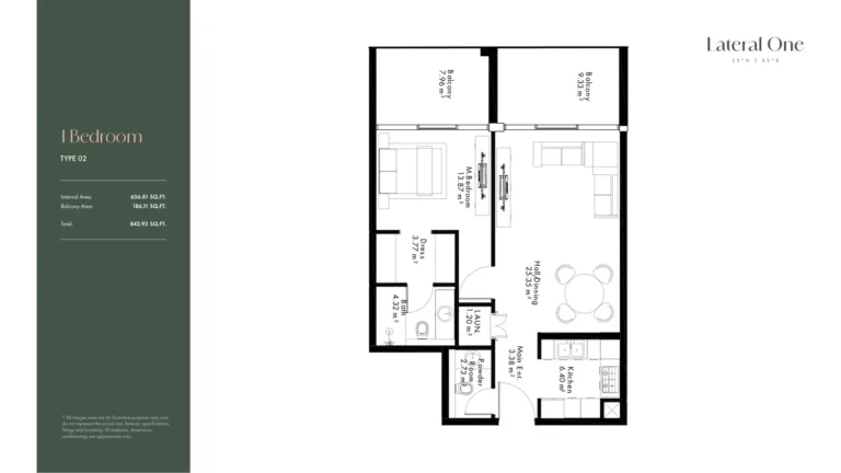 Lateral One floor plan 1-спальн. · 842 sqft