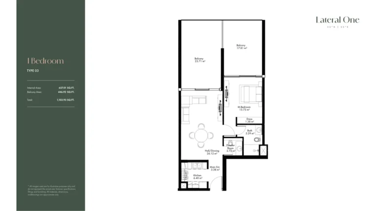 Lateral One floor plan 1-спальн. · 1103 sqft